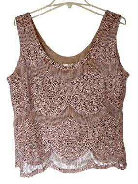 Festival, Crochet, Lace, Vintage, Scalloped Hem, Tank Top Metallic Dusty Pink L